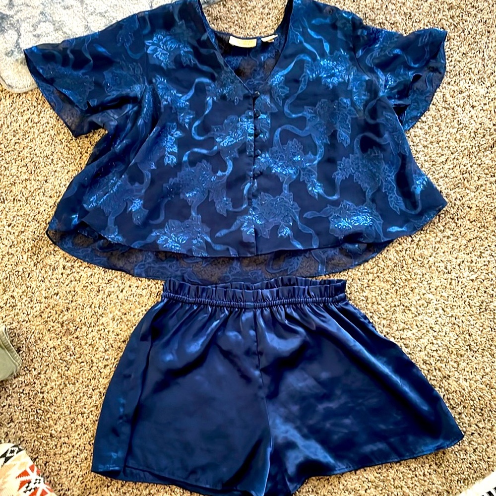 Victoria's Secret SHEER Burnout Dark BLUE Button Up Pajama Sleepwear Lingerie S